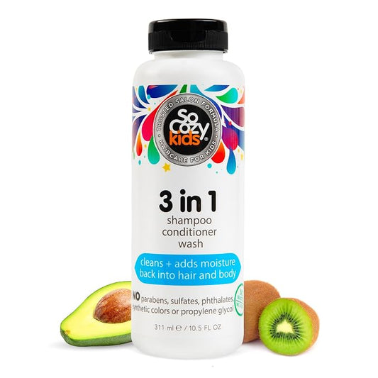 SoCozy Kids 3-in-1 Shampoo, Conditioner & Body Wash - All in 1 Shower & Bath Shampoo, Conditioner & Soap Combo - Cleanses & Moisturizes w/ No Parabens, Sulfates, Synthetic Colors or Dyes (10.5 fl oz)