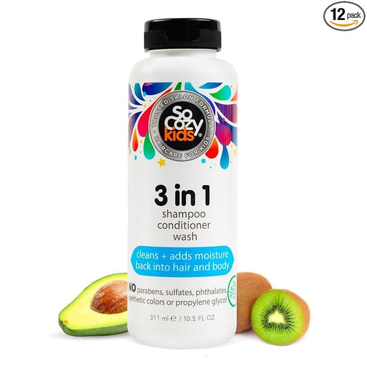 SO COZY Kids 3-in-1 Shampoo,Conditioner&Body Wash-All in 1 Shower&Bath Shampoo,Conditioner_&Soap Combo-Cleanses_&Moisturizes w/No Parabens,Sulfates,Synthetic Colors or Dyes (10.5 fl oz) (Pack of 12)