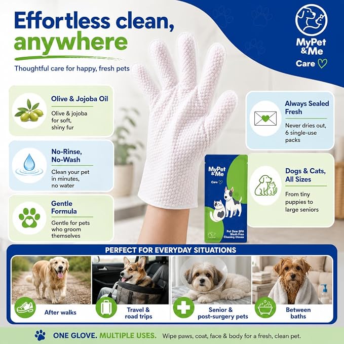My Pet & Me Pet Glove Wipes for Dogs & Cats with Olive & Jojoba Oil, No-Rinse Five-Finger Cleaning Gloves, Individually Wrapped Grooming Mittens for Between Baths, Paws, Face & Body, 6 Count