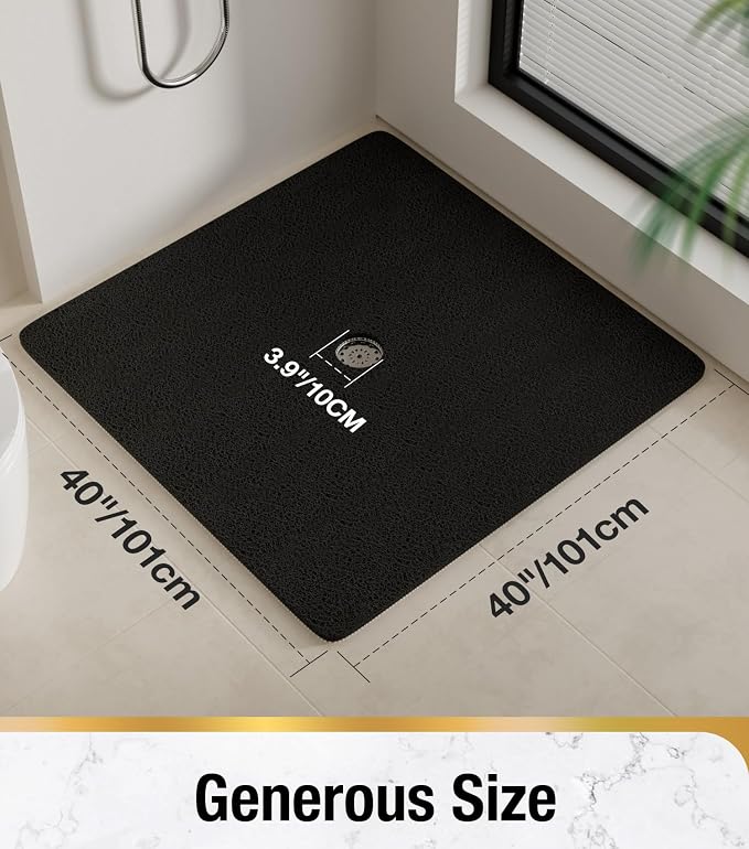 HITSLAM Square Shower Mat, 40 x 40 Inch Non Slip Bath Mat for Tub, Soft PVC Loofah Bathtub Mats with Drain Holes, Quick Drying Bathroom Stall Floor Mat, Bathroom Accessories Without Suction Cup, Black