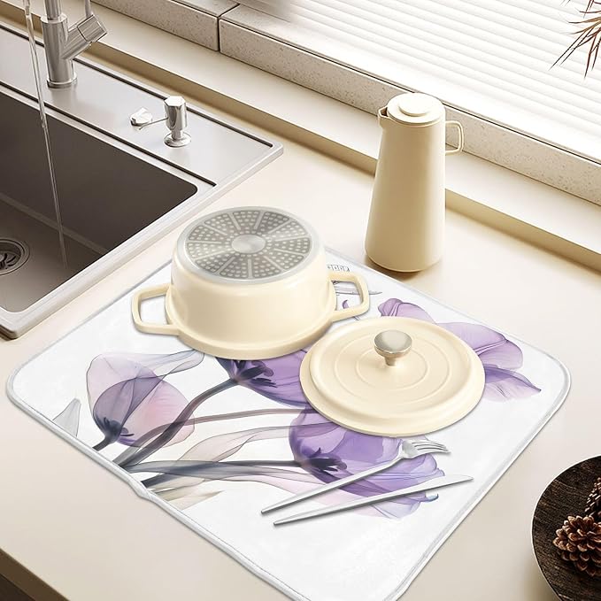 Purple Tulips Flower Dish Drying Mats for Kitchen Counter Small Drying Mat for Dishes Microfiber Dish Rack Mat Drainer Pad Washable Foldable Ultra Absorbent Dry Mat 18"x16"