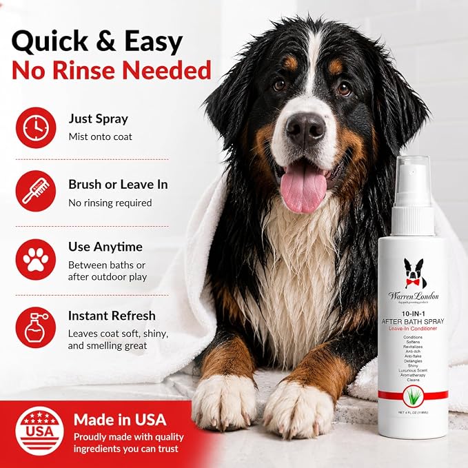 Warren London 10-in-1 After Bath Dog Spray | Leave-in Conditioner & Detangler for Dogs | Aloe Vera, Silk Amino Acids & Green Tea | Fresh Scent | 4oz Travel Size | Made in USA