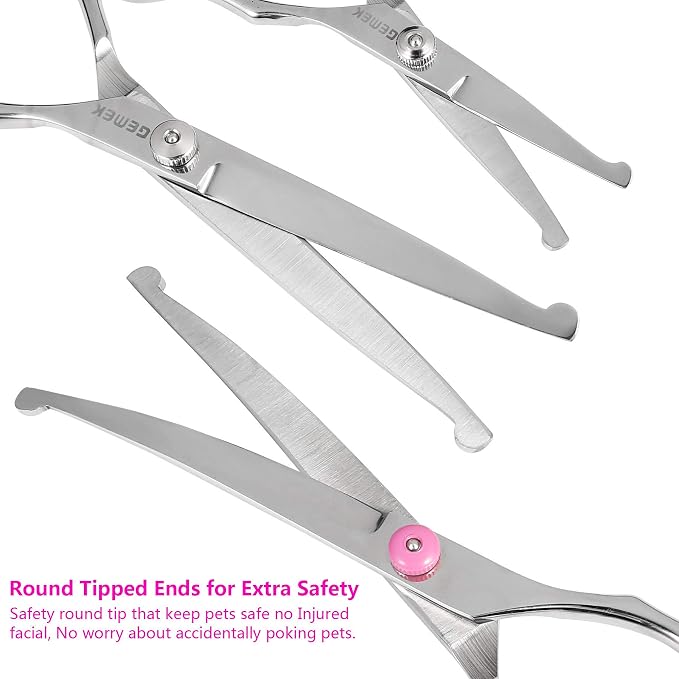 Dog Grooming Scissors Set, 4CR Stainless Steel Safety Round Tip Pet Professional Grooming Tool 5 Pieces Kit - Straight, Curved, Thinning Shears & Comb for Dogs, Cats and Other Animals