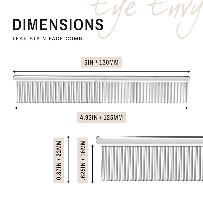 Eye Envy Tear Stain Remover Comb for Dogs and Cats. Fine/Coarse with 80 Rounded Pins. Gently Remove Crusty Eye Debris, Gunk and Boogers. Face and Feet Comb. Remove Tangles