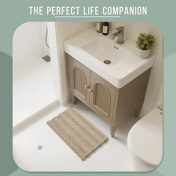 Yimobra Bathroom Rug Mat, Non Slip and Super Absorbent Bath Mat, Machine Washable Quick Dry, Ultra Plush Chenille Shower Rugs for Bathroom Floor Sink Tub and Shower Outside, Camel， 24 x 17