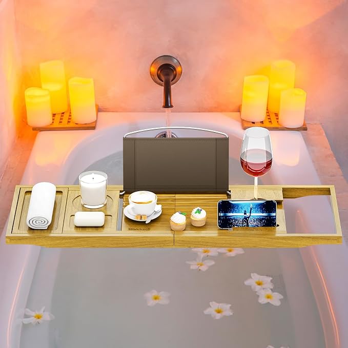 Bath Accessories - Cup Holders - Bathtub Tray Caddy - Bath Tray Expandable - Bath Tub Table Tray Caddy - Bamboo Bath Tray for Tub