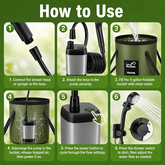 Portable Shower for Camping, 6000mAh Rechargeable Camping Shower with Intelligent LED Display, Foldable Bucket, 4 Spray Modes, IPX7 Waterproof Outdoor Camp Pump for Hiking, Travel, Car, Pet