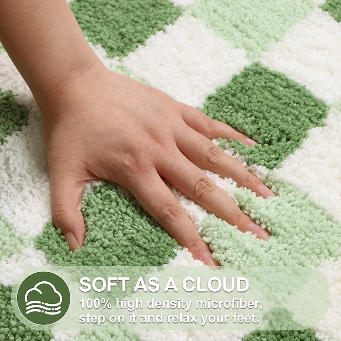 ORTIGIA Cute Green Checkered Scalloped Bath Mat, Fun Plush Microfiber Bathroom Rugs Non Slip Washable Quick Dry Absorbent, Bath Rug Carpet for Shower Stall Vanities Kitchen Floor Entrance, 20x32