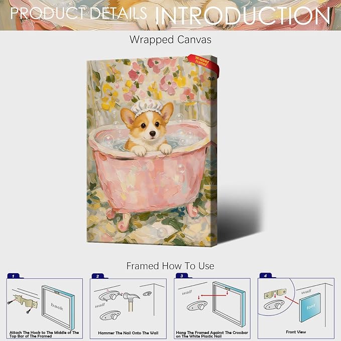 Cute Corgi Bath Time Wall Art Whimsical Floral Bathroom Poster Textured Oil Painting Print of Puppy in Pink Tub Aesthetic Wall Decor for Powder Room Apartment Pet Lover 16X24 in Unframed
