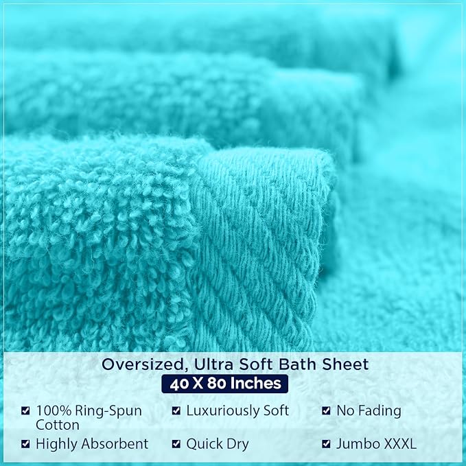 DAN RIVER Pack of 1 Bath Sheet 40x80 Inches, Jumbo Bath Sheets for Adults, Thick and Absorbent Large Towels - Aqua
