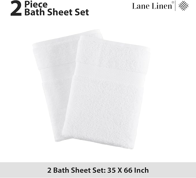 LANE LINEN 100% Ring Spun Cotton Bath Sheets - 2 Pack (35"x66") - Fade Resistant, Quick Dry & Highly Absorbent - Extra Large Bath Towels, Premium Hotel Quality Luxury Towel Sets - White Bath Towels