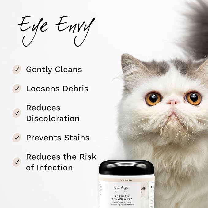 Eye Envy Tear Stain Wipes for Cats. Textured to Gently Clean Tear Stains. Natural Formula. Recommended by Persian & Exotic Breeders, Groomers. USA Made. 60 Cat Eye Wipes