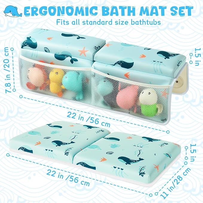 Baby Bath Kneeler and Elbow Rest Pad Set,1.5" Thick Baby Bath Kneeler Pads with Toys Organizer, Pads to Support The Arm, Essentials, Ideal Kneeling Pad for Bathing（Blue）