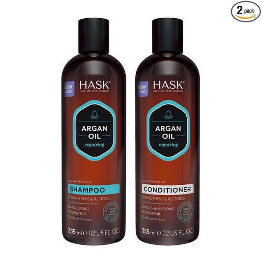 HASK Argan Oil Repairing Shampoo + Conditioner Set | Color Safe, Sulfate-Free, Paraben-Free, Gluten-Free, Cruelty-Free, For All Hair Types | 12oz each