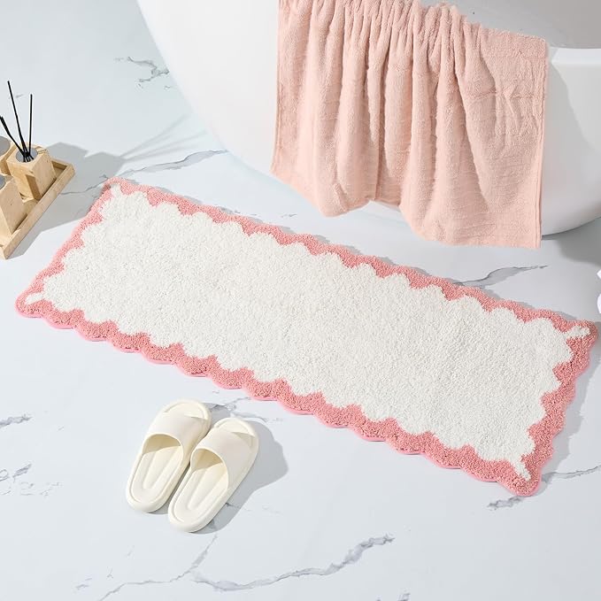 ORTIGIA Long Cute Scalloped Bathroom Rugs Runner, Fun White and Pink Plush Microfiber Scallop Bath Mats Non Slip Washable Quick Dry Absorbent, Rug Carpet for Bathtub Sink Laundry Room Bedroom, 17x47