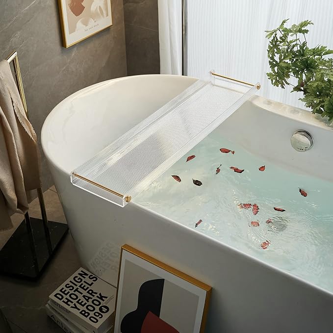 Bathtub Tray Acrylic Bath Tray Bathtub Caddy Non-Slip Bath Tub Tray Table with Gold Brushed Handles