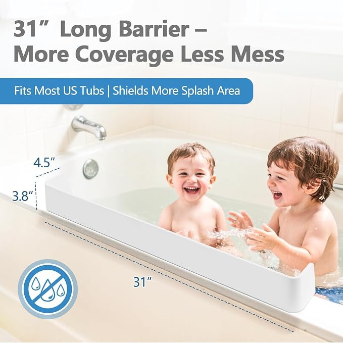 31.5" Bathtub Splash Guard for Tub Kids, Silicone Splash Shield with 11 Suction Cups, Toy Tray Shelf, No Spill Water Barrier, Prevents Mess, Fun Bathtime for Toddlers Baby–White