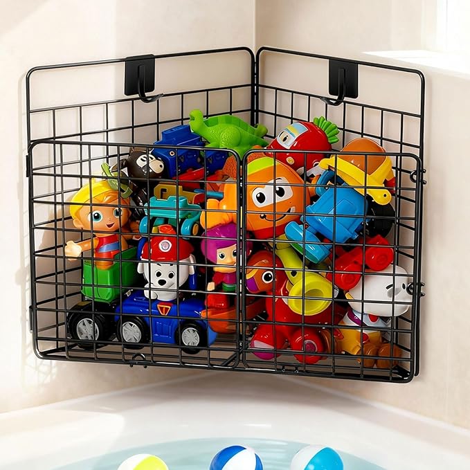 Large Bath Toy Storage, Metal Bathtub Shower Toy Holder, Foldable bath Tub Toy Organizers, Bathroom Toy Storage with Drainage for Sorting Toys/Clothes/Toiletries (1pc corner)