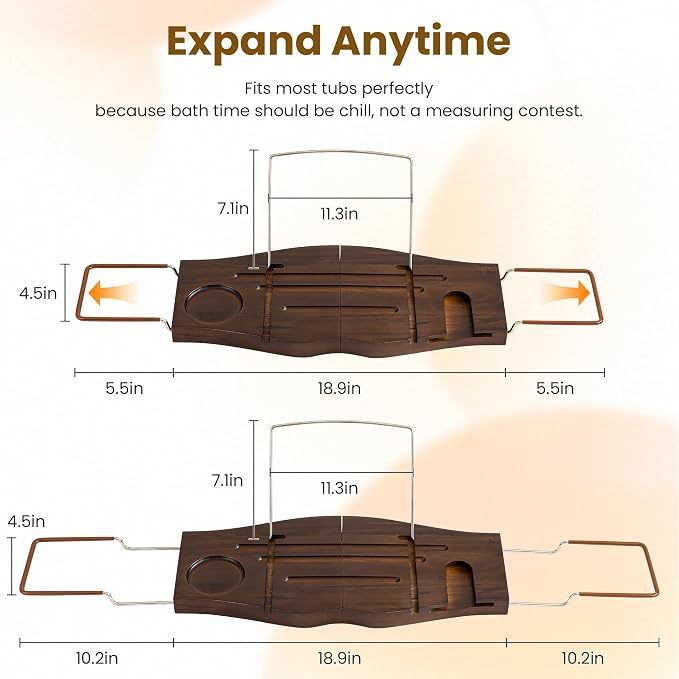 Dream Dark Walnut Teak Expandable Bathtub Caddy Tray | Dark walnut stained teak, expandable, gift-ready, wine book storage for deep tubs