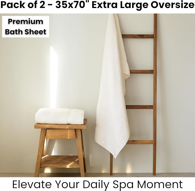SALBAKOS 2-Piece 100% Turkish Cotton Extra Large Bath Towel 35x70 inch | Premium Hotel Quality Bath Sheet Towels | Thick, Soft, Absorbent, Oversized Bath & Beach Towels (Ivory, 2 Bath Sheets)