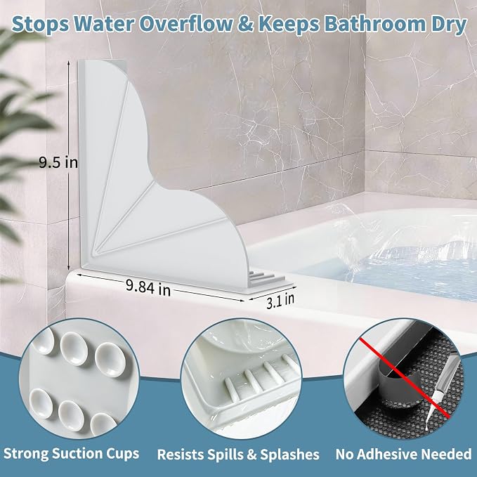 SOANNY Shower Splash Guard for Bathtub, Silicone Water Guard 2 Pack | No-adhesive silicone shower barrier with suction cups, reusable water stopper for bathtub corners and splash protection