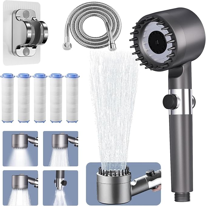Ion Drop Shower Head - High Pressure Handheld Showerhead with 5 Filters, 4 Spray Modes, Pause Switch, Ion Shower Head with 59" Explosion-Proof Hose & Bracket for Hard Water & Pets, Gray