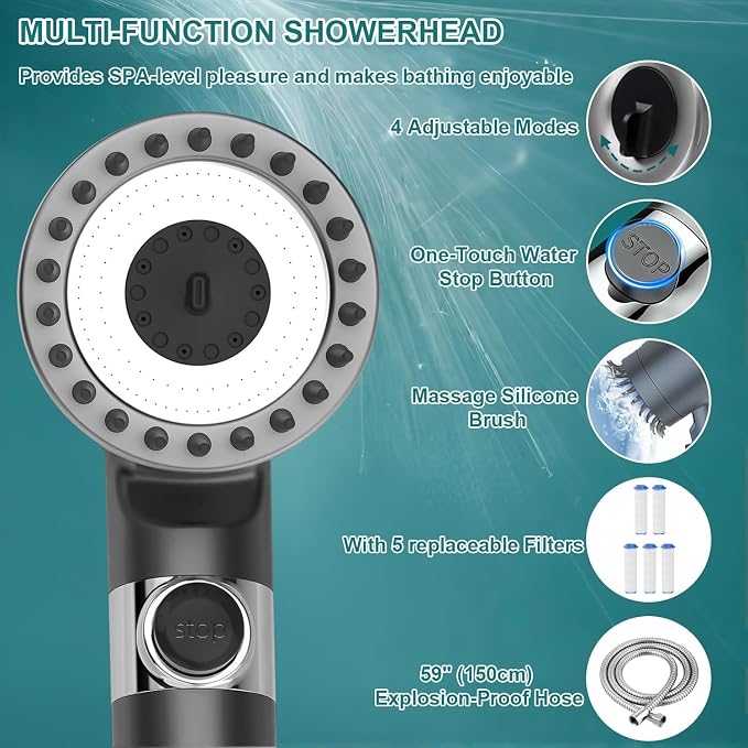 Ion Drop Shower Head - High Pressure Handheld Showerhead with 5 Filters, 4 Spray Modes, Pause Switch, Ion Shower Head with 59" Explosion-Proof Hose & Bracket for Hard Water & Pets, Gray