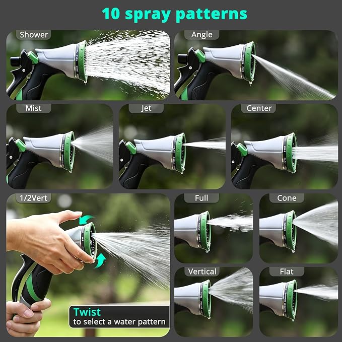 QUOBAS Metal Garden Hose Nozzle, Heavy Duty Water Hose Sprayer, Leak Proof | 10 Pattern Water Nozzle with Rubber Gasket, Garden Sprayer for Watering Plants, Washing Cars, Pet Shower, Green