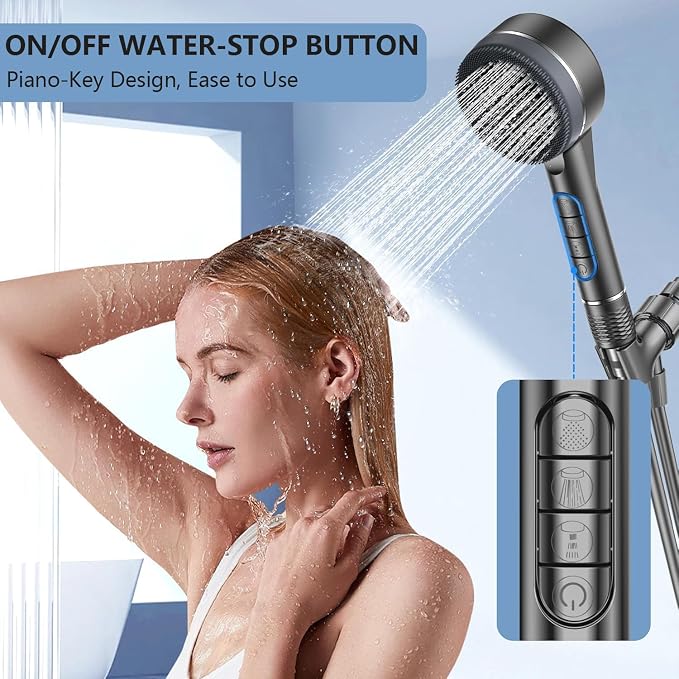 High Pressure Shower Head, High Power Shower Head and Hose Set with 3 Filters, 59‘’ Hose & Bracket, 4 Spray Modes & Pause Switch, Hard Water Filtered Showerhead with Handheld, Light Gray