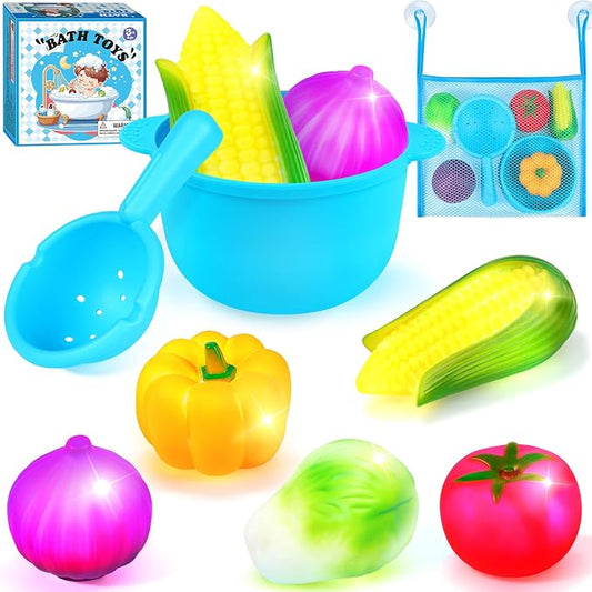 TSDATOWR Light Up Bath Toys, No Hole Vegetable Soup Set for Toddlers | LED Pretend Cooking Playset for Kids Ages 3-5 With Slotted Spoon, Soup Pot and Mesh Bag for Bathtub, Pool, or Beach