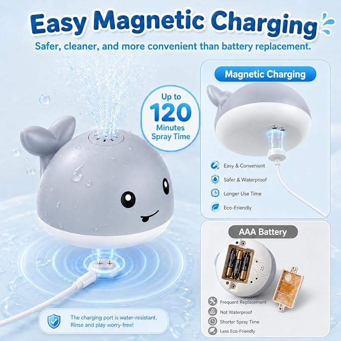 Gigilli Baby Bath Toys, Magnetic Rechargeable Bath Toys for Kids, Toddler Bathtub Pool Water Table Toys Sprinkler, Infant Boy Girl Gifts, Light Up Whale Bath Toy for Babies