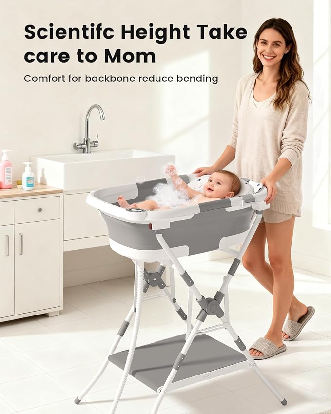 Baby Bathtub with Stand, 2-in-1 Collapsible Bath Tubs for Newborn to Toddler, Infant Bathtub with Folding Stand, Portable Bathtub for Baby Including Soft Cushion, Storage Pad (Gray)