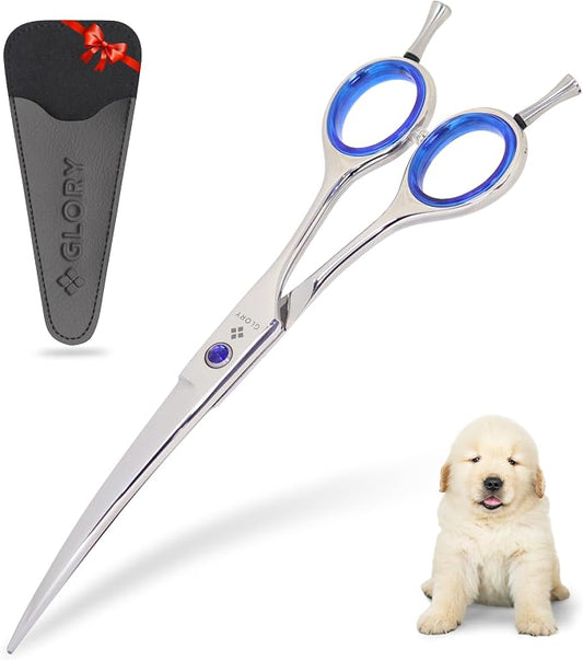 GLORY Professional Curved Dog Grooming Scissors, 7.5 Inches Stainless Steel Pet Shears for Dogs & Cats, Sharp Trimming Scissor for Face, Paws & Body - Ergonomic Home & Salon Use