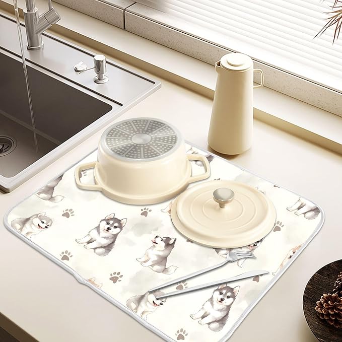 Cute Husky Dog Dish Drying Mat, Absorbent Drainer Mats for Kitchen Counter Coffee Maker 18"x16"