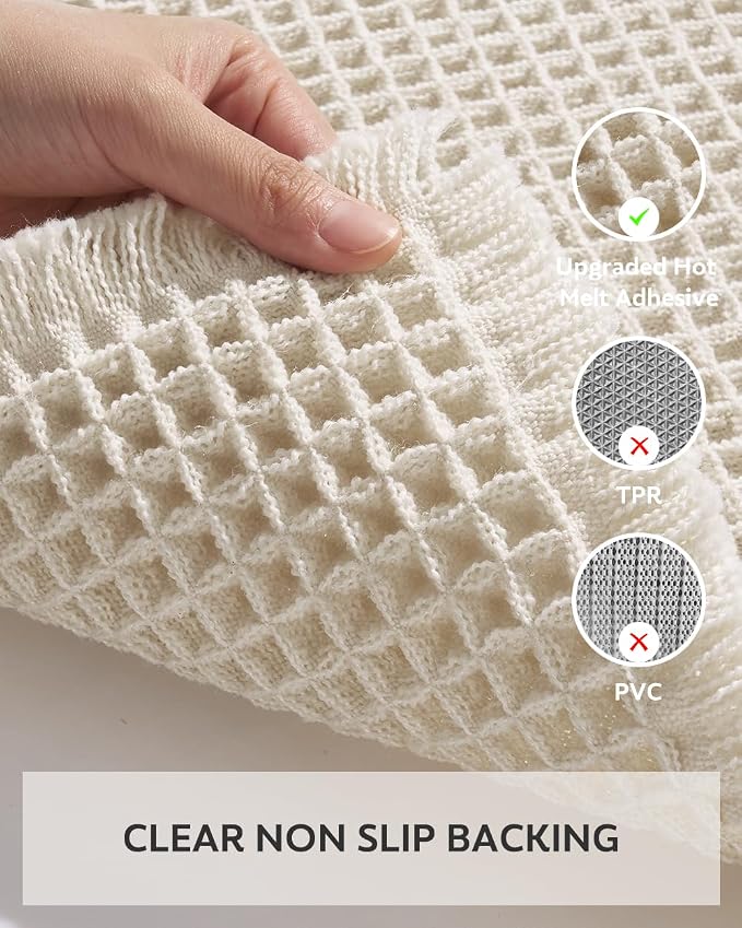 tchdio Waffle Bath Mat Rug, Super Absorbent Non Slip Bath Mats Ultra Soft Bathmat Machine Washable Bathroom Rugs with Tassels, Bath Rugs for Bathroom Floor Beside Tub, 20" x 32", Pale Beige