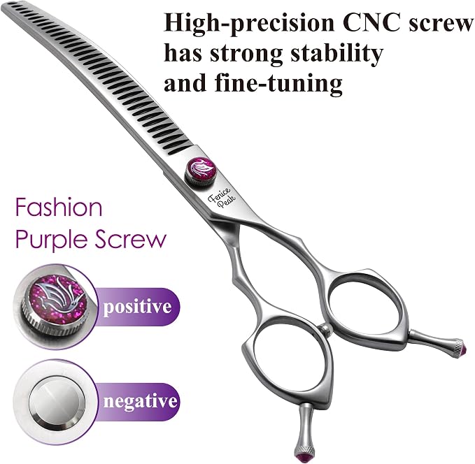 8.0‘’ Curved Chunker Dog Grooming Scissors with Purple Flashing Screw Professional 440C Stainless Steel Natural Color Pet Trimming Shears with Offset Handle Durable and Sharp