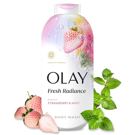 Olay Body Wash for Women, Fresh Radiance, 24/7 Skin-Loving Freshness, Visibly Radiant, Plant Based Cleansers, Vitamin B3 & Antioxidant Blend, For All Skin Types, Strawberry & Mint Scent, 22 fl oz