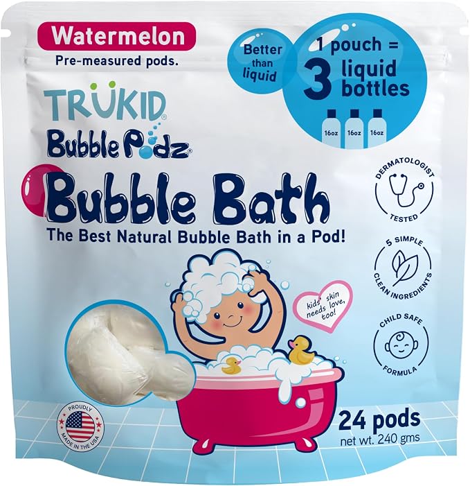 TruKid Bubble Podz Bubble Bath for Kids, Toddlers, & Babies, Tear Free Gentle & Refreshing Bath Bomb for Sensitive Skin with Natural Moisturizers, Non-Toxic, pH Balanced, Watermelon Scent (24 Podz)