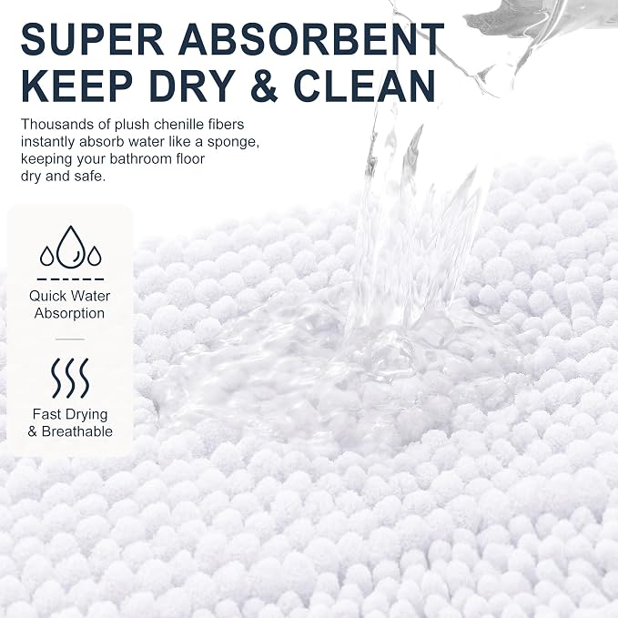 Smiry Thick Chenille Bathroom Rugs 30x20, Extra Soft Absorbent Striped Bath Mat, Machine Washable, Rubber Backing, Bath Rugs for Tub & Shower, Modern Home Decor Accessories, White