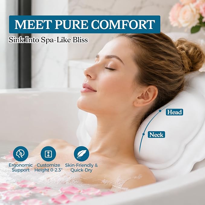 Bath Pillow for Tub, Inflatable Silicone Bathtub Pillow for Head & Neck Support, Adjustable 0-2.3" Height, 7 Strong Suction Cups, Waterproof, Quick-Drying, Luxury Spa Gifts for Women Men (White)