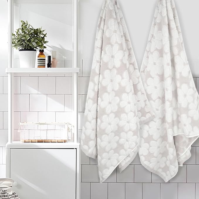 Jacquotha Soft Bath Towels 2 Pack, Super Absorbent Shower Towels 27.5x55 Inches, Cute Floral Jacquard Bathroom Set, Cotton, Light Beige