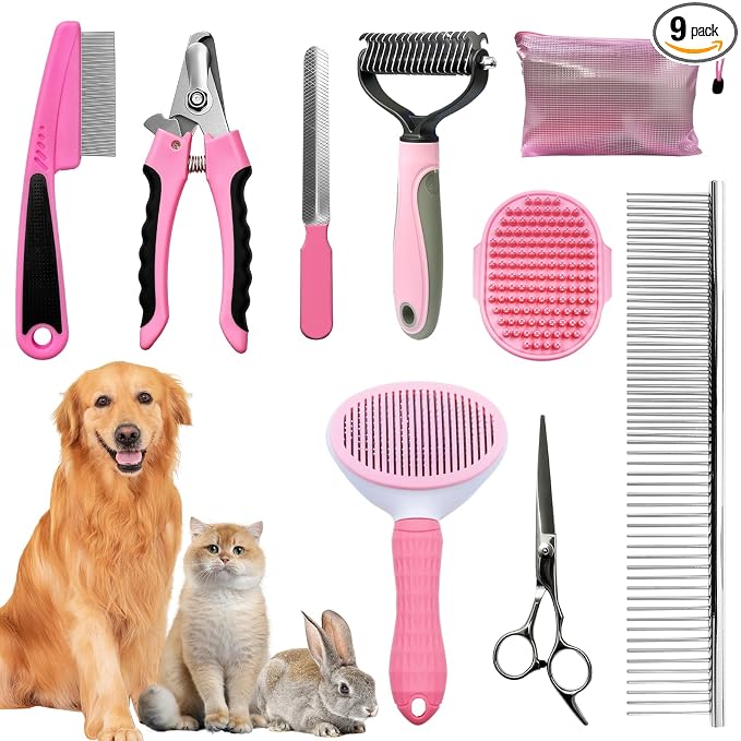 Dog Brush & Grooming Kit – 9-Piece Pet Brush & Deshedding Set for Shedding, Bathing, Trimming & Nail Care | Grooming Tools for Dogs & Cats, Includes Comb, Nail Clipper, Scissors, Slicker Brush (Pink)