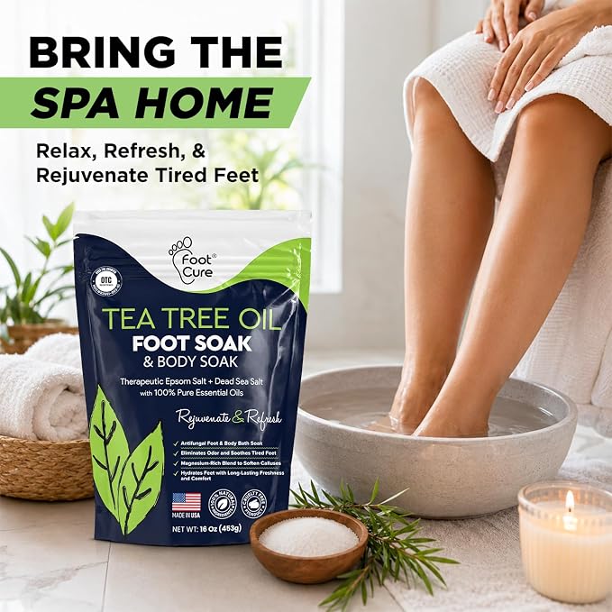 Tea Tree Oil Foot Soak with Epsom Salt - For Toenail Repair, Athletes Foot, Softens Calluses, Soothes Sore & Tired Feet, Nail Discoloration, odor Scent, Spa Pedicure Care - Made in USA 16 oz