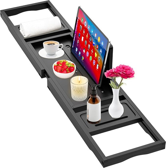 Bathtub Tray Black- Expandable Bamboo Wooden Bath Trays for Bathub - Bath Tub Table Tray for Bathtub/Tub,Adjustable Size, Fits Most Tubs