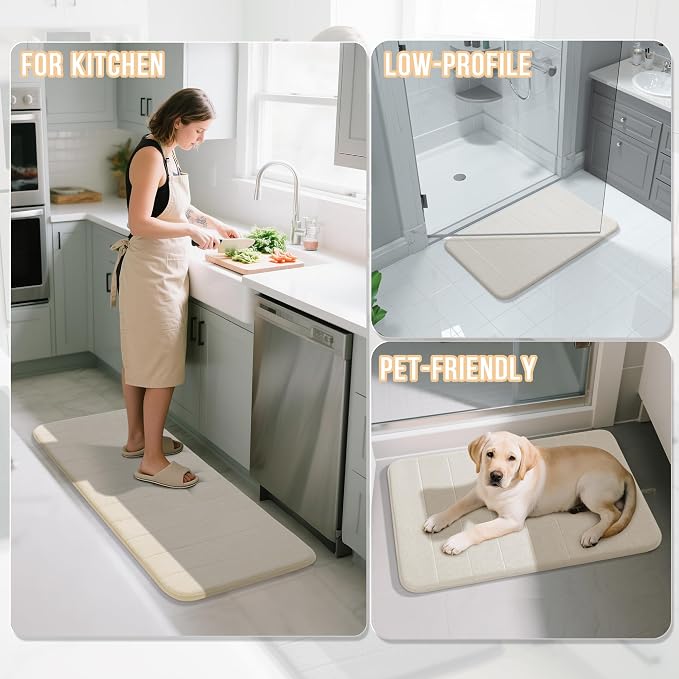 Yimobra U-Shaped Toilet Bath Mat Set 2 Piece - Soft Absorbent Quick Dry Memory Foam Bathroom Rugs, Machine Washable Non Slip Floor Carpet for Tub Shower & Single Sink (17x24 & 24x20, Cream White)