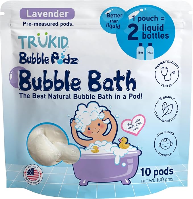 TruKid Bubble Podz Bubble Bath for Kids, Toddlers, & Babies, Tear Free Gentle & Refreshing Bath Bomb for Sensitive Skin with Natural Moisturizers, Non-Toxic, pH Balanced, Lavender Scent (10 Podz)