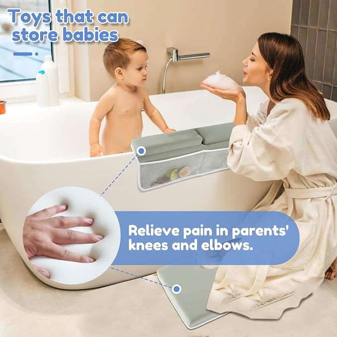 Baby Bath Kneeler and Elbow Rest Pad Set, 1.5'' Comfortable Baby Bath Kneeler, Non-Slip Quick Dry Kneeling Bath Mat for Mom and Tub Elbow with Pockets for Baby Bathtime Essentials, Washable (Style 1)
