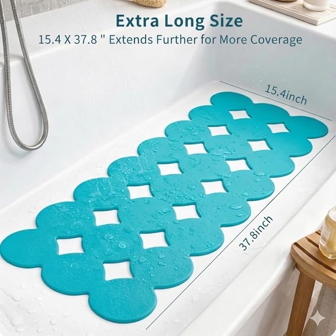 Webos Bathtub Mat Non Slip: Extra Long Rubber Bath Mat for Tub with Strong Suction Cups 15.4" x 37.8" Anti Slip Shower Mat, Big Drain Holes Bathroom Mats for Tub & Shower, Circle-Blue