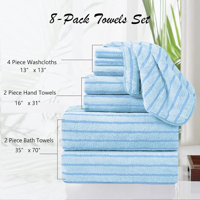 8 Pcs Blue Cabana Stripe Bath Sheet Set Oversized Bath Towel-2 Bathroom Sheets,2 Hand Towels,4 Washcloths Soft Jumbo Towels Absorbent Shower Towel Quick Dry Beach Chair Towel Spa Gym Hotel Towels