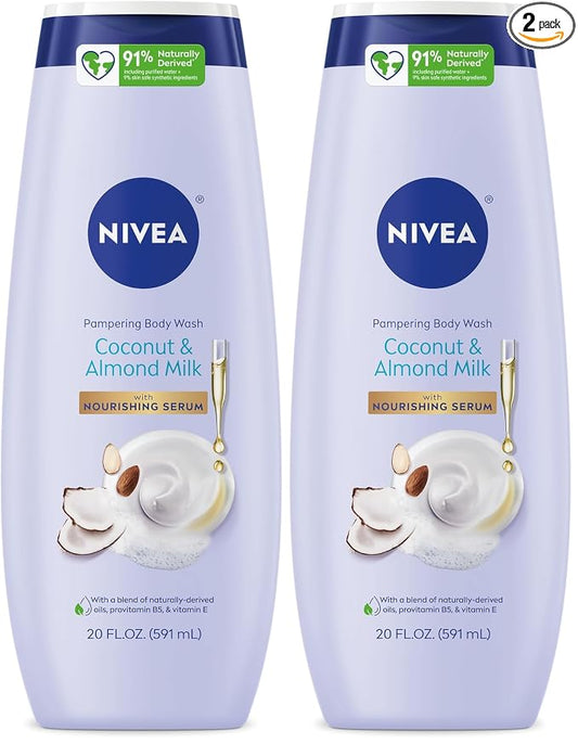 NIVEA Pampering Coconut and Almond Milk Body Wash with Nourishing Serum, Moisturizing Body Wash for Women, Enriched with Provitamin B5 and Vitamin E, 20 Fl Oz Bottle (Pack of 2)